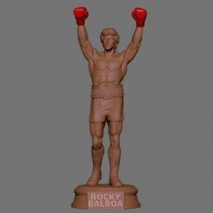 Imagem digital do Rocky Balboa com luvas vermelhas erguidas, sobre uma base com seu nome