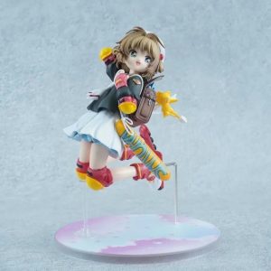 Sakura Kinomoto, de Sakura Card Captors, em figure de patins, pulando sobre base colorida