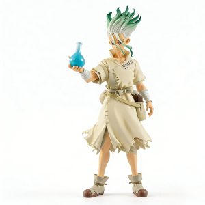 Senku Ishigami de Dr. Stone em pé, com cabelo verde e branco e frasco azul na mão