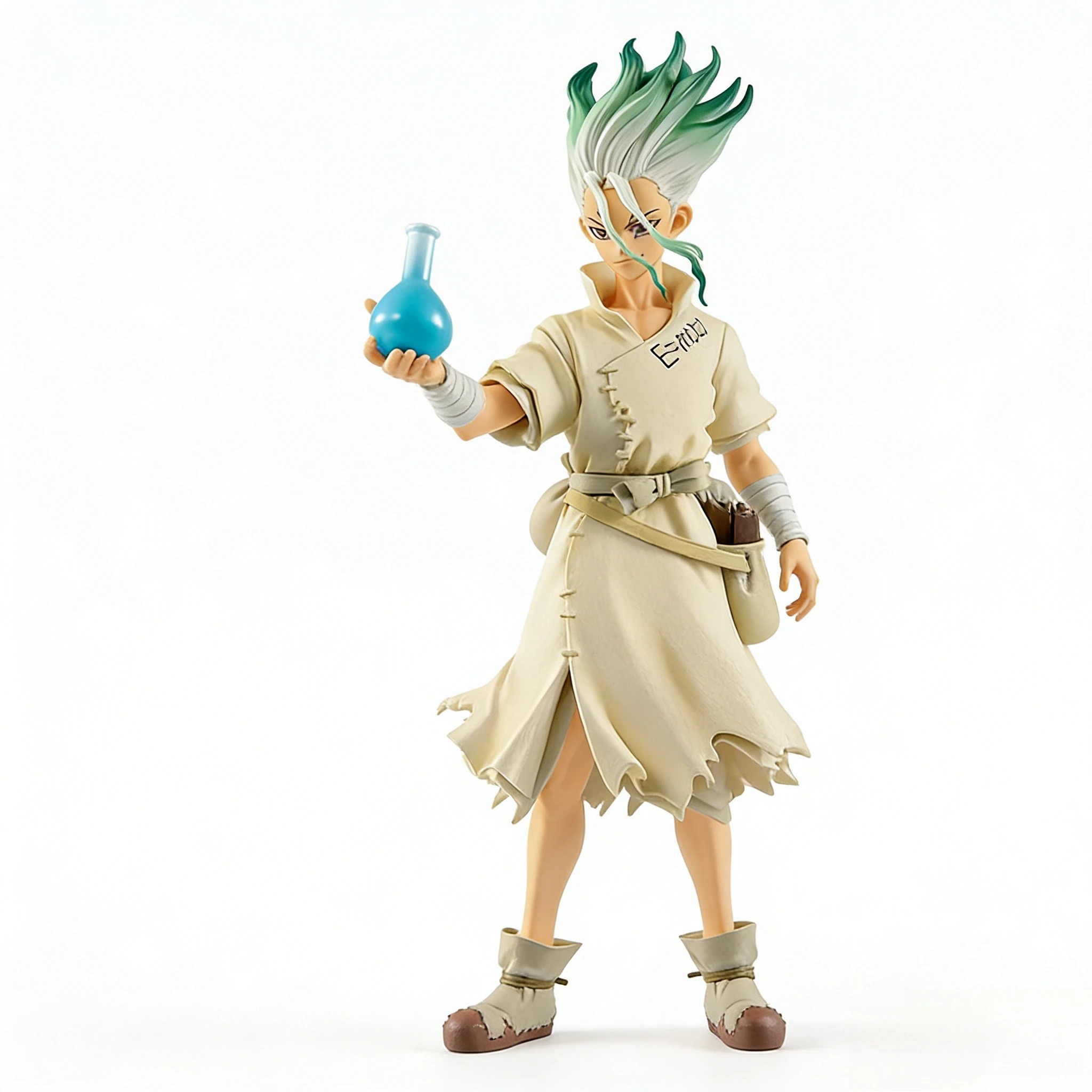 Senku Ishigami de Dr. Stone em pé, com cabelo verde e branco e frasco azul na mão