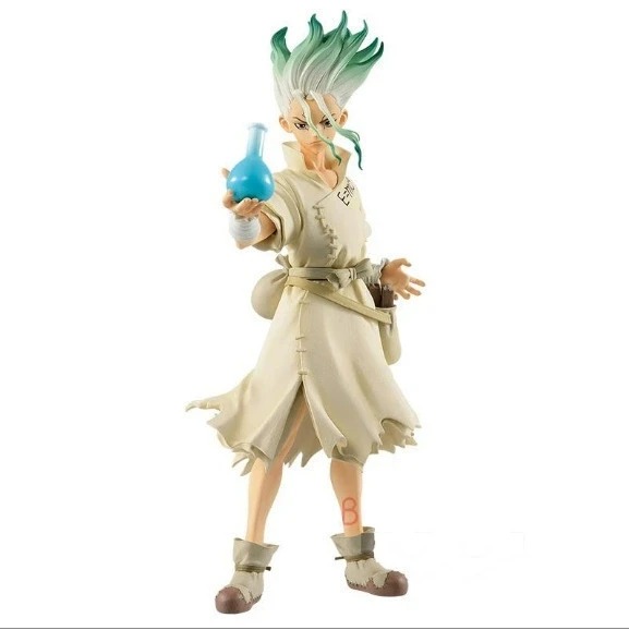 Senku segurando o frasco azul de laboratório, em figure de Dr. Stone