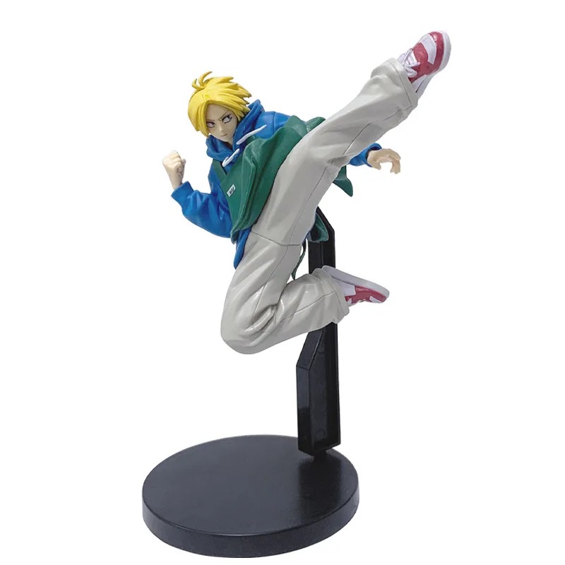Shin Asakura, de Sakamoto Days, em figure de cabelo loiro em pose de chute sobre base redonda preta com haste