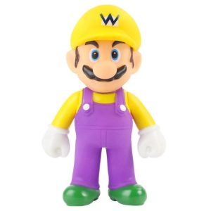 Wario, de Super Mario, em figure de pé, com boné amarelo com a letra W e macacão roxo