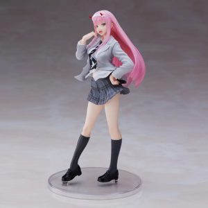 Figure da Zero Two, de Darling in the Franxx, com cabelo rosa, blazer cinza e saia xadrez