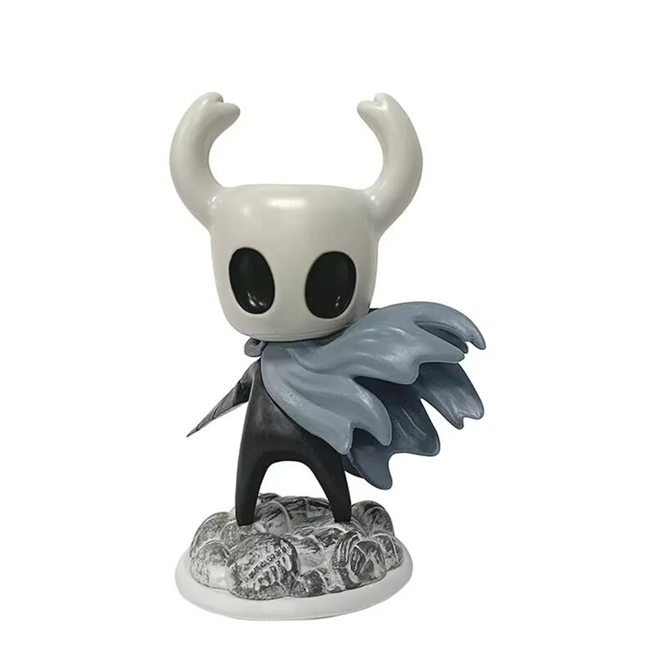 Figure do Cavaleiro, de Hollow Knight, com capa cinza sobre base que imita pedras