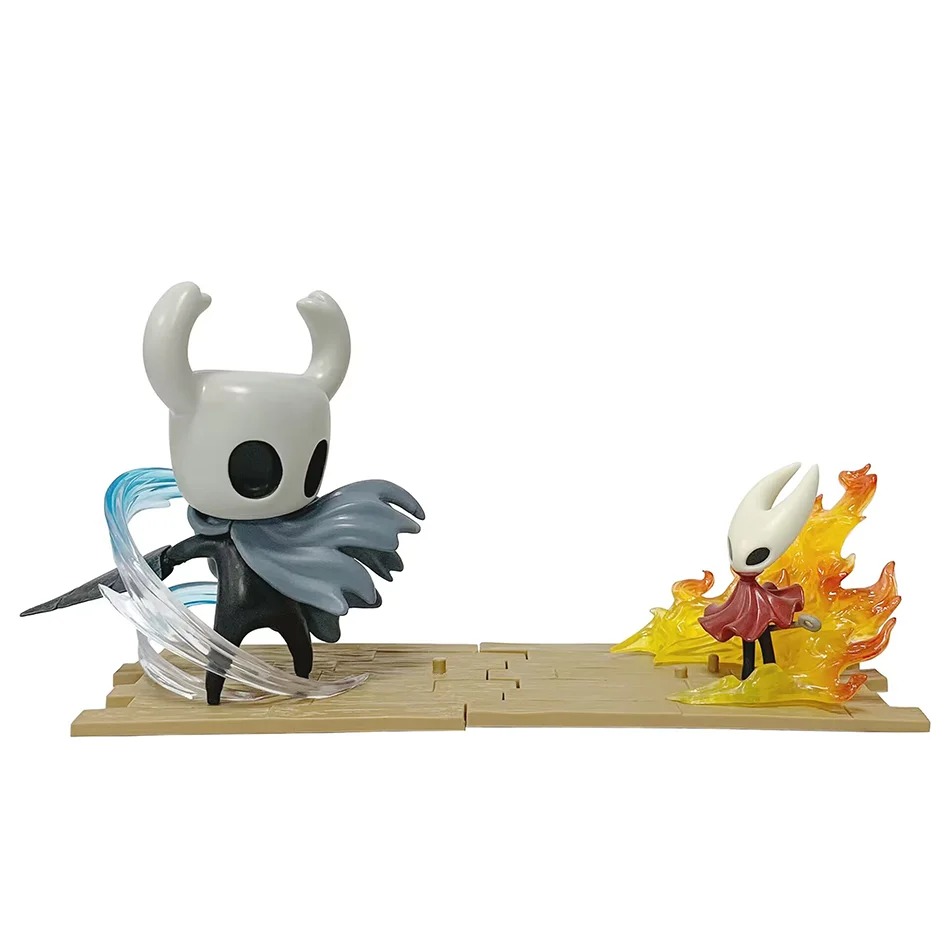 Cena com figures do Cavaleiro e da Hornet, de Hollow Knight: Silksong, com efeitos de golpe e fogo