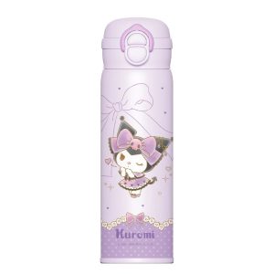 Garrafa térmica lilás da Kuromi, da Sanrio, com tampa branca de trava e um grande laço ao fundo