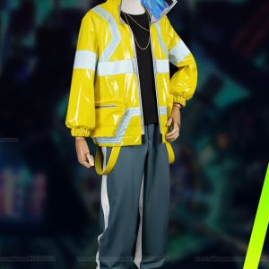 Jaqueta amarela do David Martinez, de Cyberpunk: Edgerunners, com faixas refletivas e calça cinza