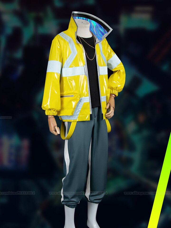 Jaqueta amarela do David Martinez, de Cyberpunk: Edgerunners, com faixas refletivas e calça cinza