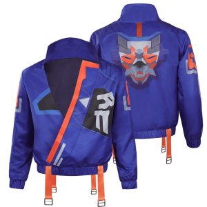 Jaqueta azul do Yoru, de Valorant, com detalhes laranja e máscara estampada nas costas