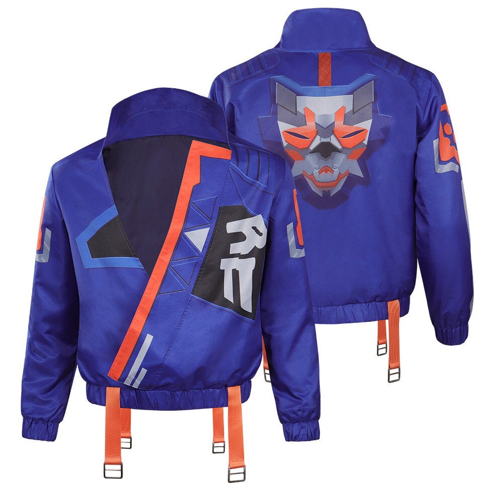 Jaqueta azul do Yoru, de Valorant, com detalhes laranja e máscara estampada nas costas