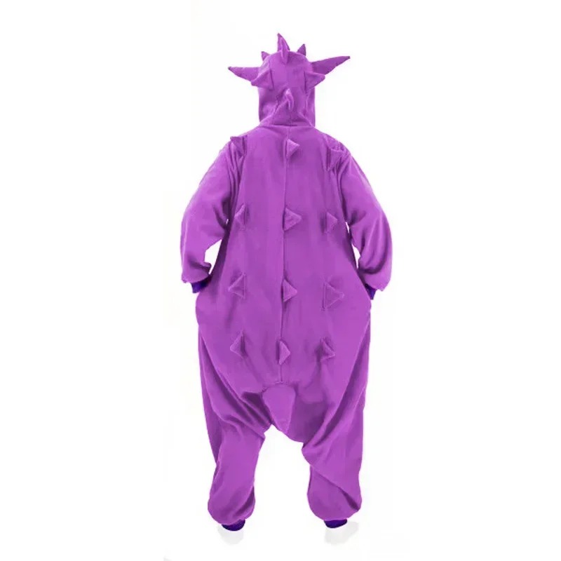 Kigurumi roxo do Gengar, de Pokémon, de costas, com espinhos no capuz e no corpo