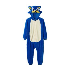 Kigurumi azul do Sonic com barriga clara e capuz de olhos e espinhos, visto de frente