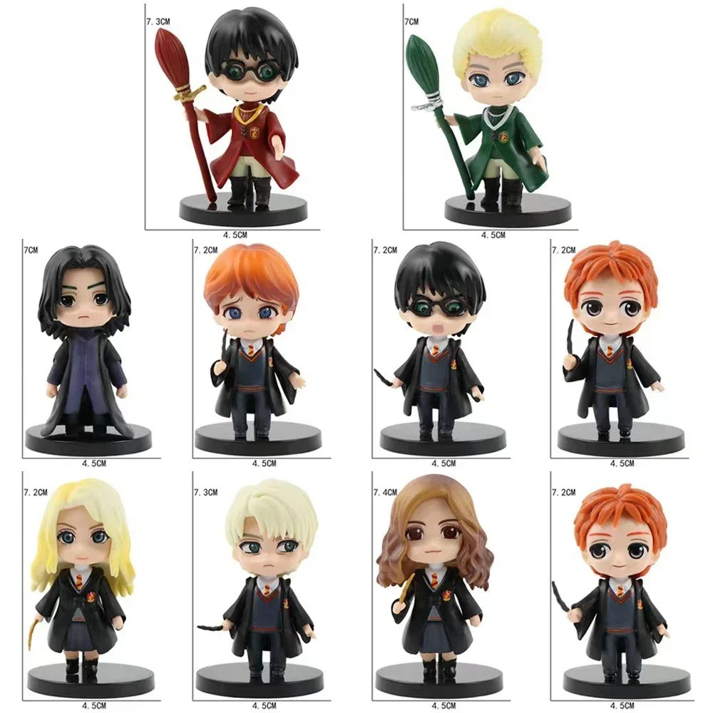 Painel com os dez modelos de figures de Harry Potter em estilo Q, de uniforme e vassoura de quadribol