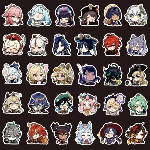 Cartela de adesivos chibi de personagens de Genshin Impact sobre fundo escuro