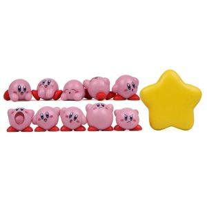 Onze mini figures do Kirby alinhadas, com expressões variadas, ao lado da estrela amarela