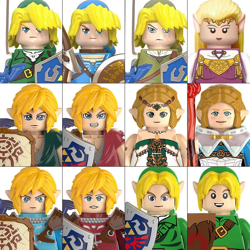 Conjunto de doze minifiguras de blocos de Zelda, com versões do Link e da Princesa Zelda