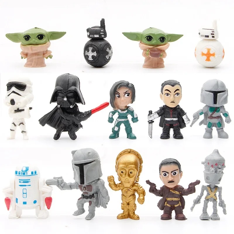 Kit de 14 mini figures chibi de Star Wars, com Grogu, BB-8, Stormtrooper, Darth Vader, R2-D2 e C-3PO