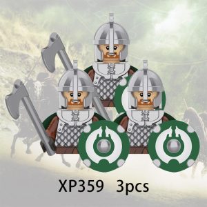 Trio de mini figures de soldados em estilo de blocos, com elmo, machado e escudo verde, inspirado em O Senhor dos Anéis