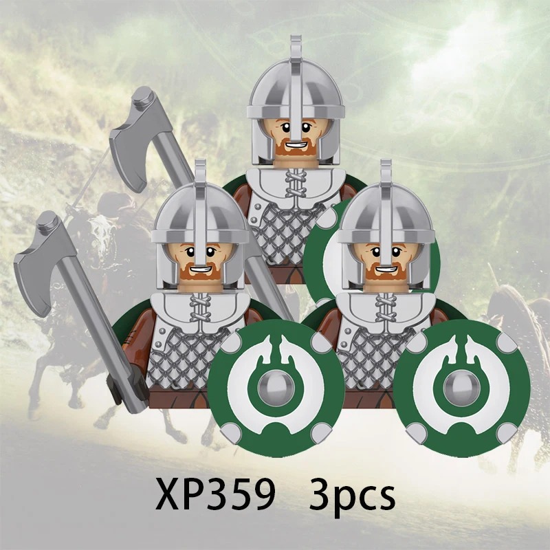 Trio de mini figures de soldados em estilo de blocos, com elmo, machado e escudo verde, inspirado em O Senhor dos Anéis
