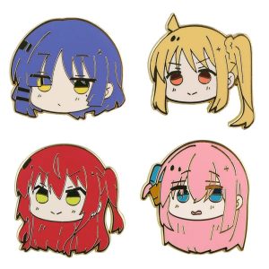 Kit de 4 pins chibi de Bocchi the Rock!: Ryo, Nijika, Hitori e Kita, em esmalte colorido
