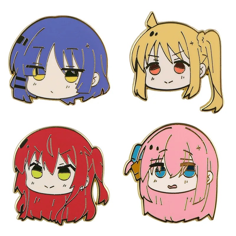 Kit de 4 pins chibi de Bocchi the Rock!: Ryo, Nijika, Hitori e Kita, em esmalte colorido