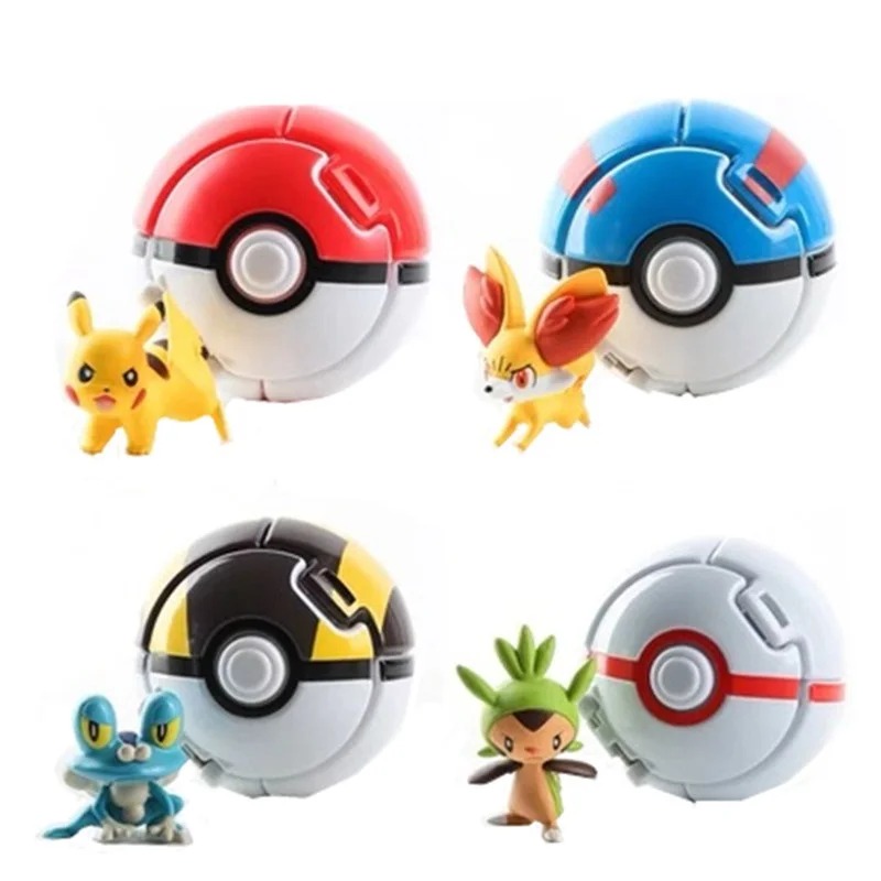 Quatro Pokébolas abertas ao lado de Pikachu, Froakie, Fennekin e Chespin