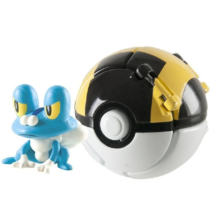 Figure do Froakie com a Ultra Ball, Pokébola preta e amarela