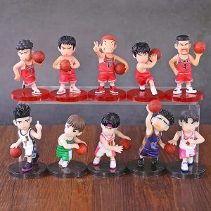 Dez figures chibi de Slam Dunk em duas fileiras, times vermelho e de camisas claras, com bolas