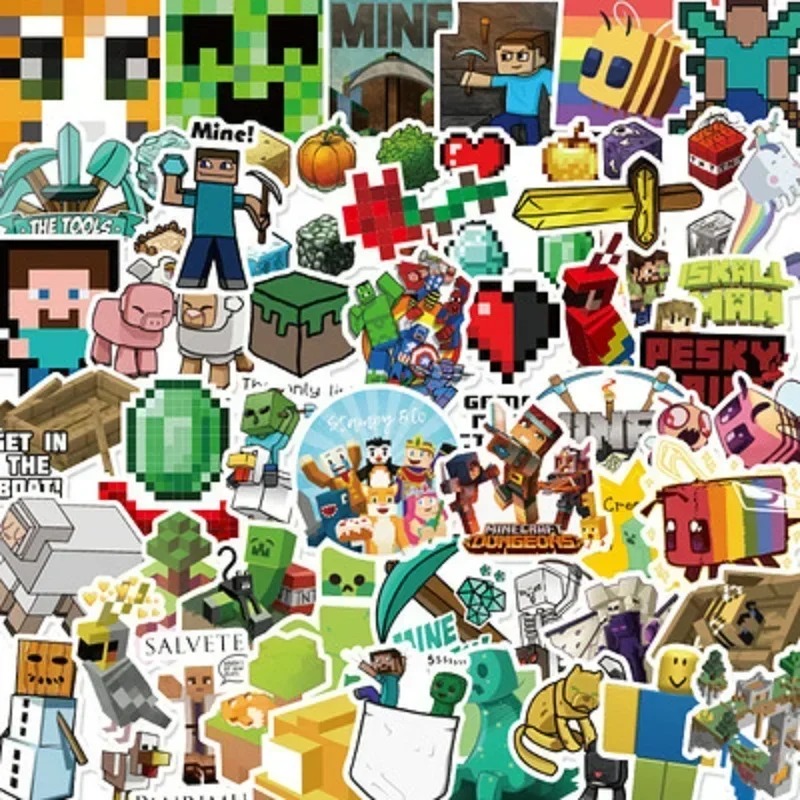Seleção de adesivos de Minecraft com Creeper, Steve, diamantes e espadas pixeladas