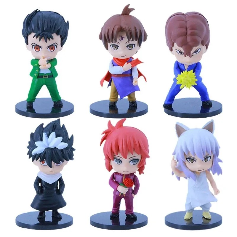 Seis figures chibi de Yu Yu Hakusho sobre fundo branco: Yusuke, Kuwabara, Kurama, Hiei, Youko Kurama e Koenma