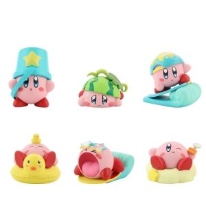 Seis figures do Kirby da série praia, com balde, melancia, prancha, boia de patinho e outras poses