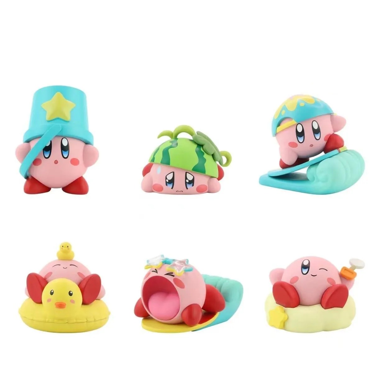 Seis figures do Kirby da série praia, com balde, melancia, prancha, boia de patinho e outras poses