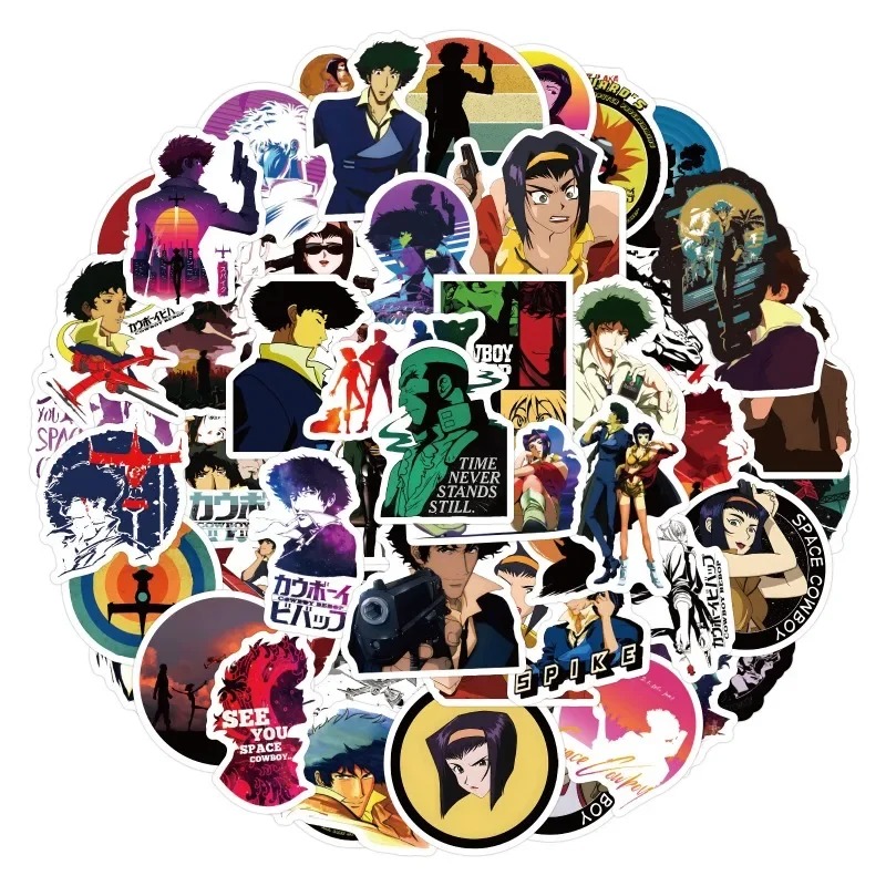 Adesivos de Cowboy Bebop em círculo, com personagens e a frase See You Space Cowboy