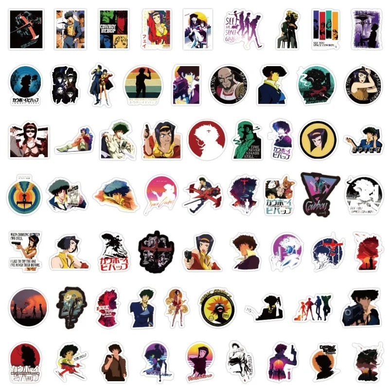 Cartela com os 60 adesivos de Cowboy Bebop organizados em fileiras