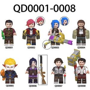 Kit de 8 mini figures de montar de Arcane, League of Legends, em fileiras, com códigos QD001 a QD008