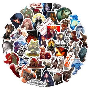 Adesivos de Elden Ring dispostos em círculo, com personagens e cenas do jogo