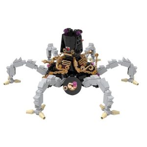 Guardian de Breath of the Wild montado com blocos, corpo preto, engrenagens douradas e pernas cinzas