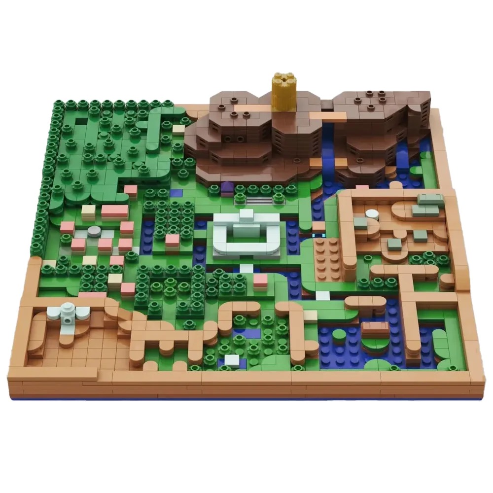 Mapa de Hyrule de A Link to the Past já montado com blocos, com floresta, castelo e rio