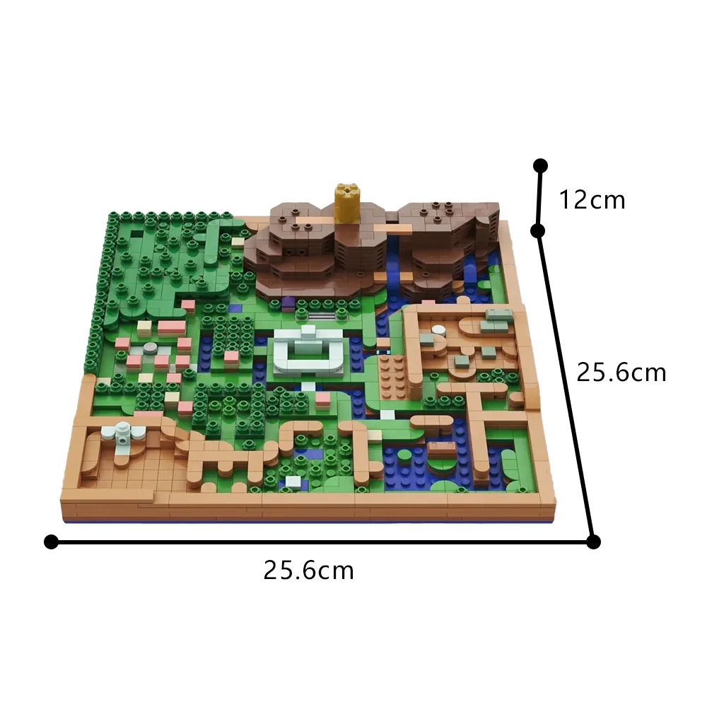 Mapa de Hyrule de blocos com as medidas de 25,6 por 25,6 cm e 12 cm de altura