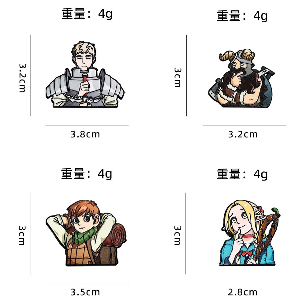 Medidas dos broches de Dungeon Meshi: 2,8 a 3,8 cm de largura e 4 g cada