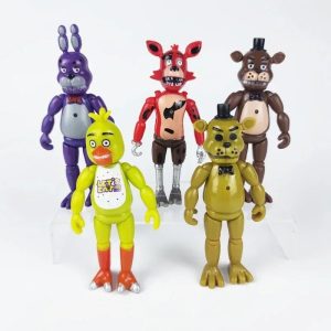 Cinco figures articuladas de FNAF: Bonnie, Foxy, Freddy, Chica e um animatrônico dourado