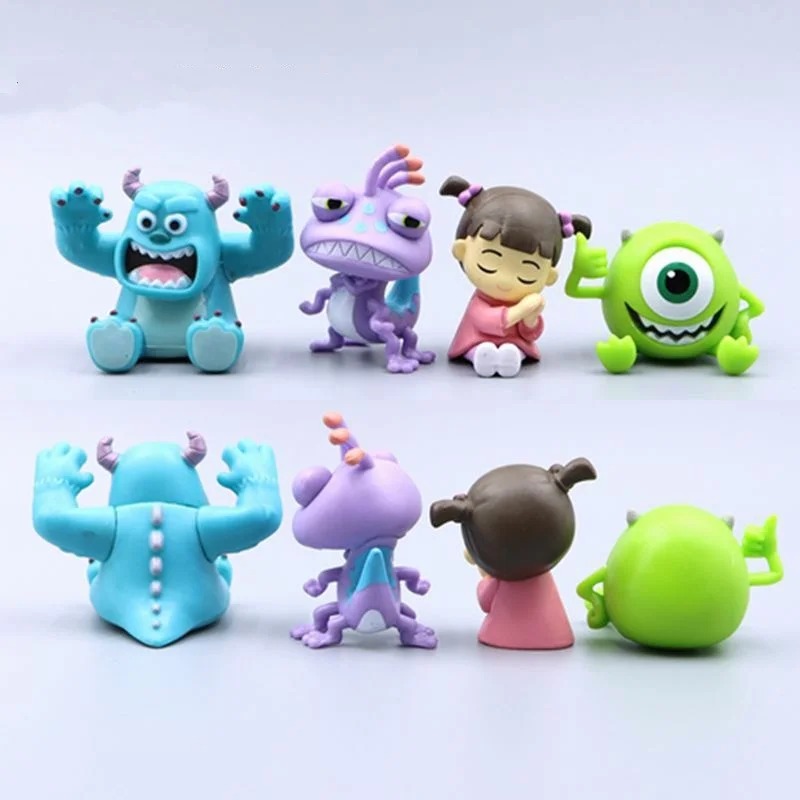 Quatro figures Q de Monstros S.A.: Sulley, Randall, Boo e Mike, de frente e de costas