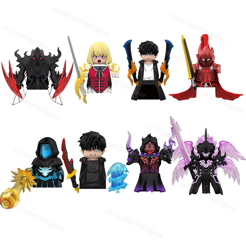 Mini figures de blocos de Solo Leveling com guerreiros das sombras e Sung Jin-woo, em fundo branco