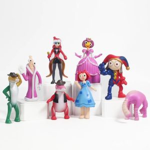 Oito miniaturas em PVC de O Incrível Circo Digital sobre pedestais, com Pomni, Ragatha e Jax