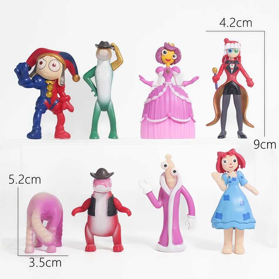 Medidas das miniaturas do Circo Digital, de cerca de 9 cm e 5,2 cm de altura