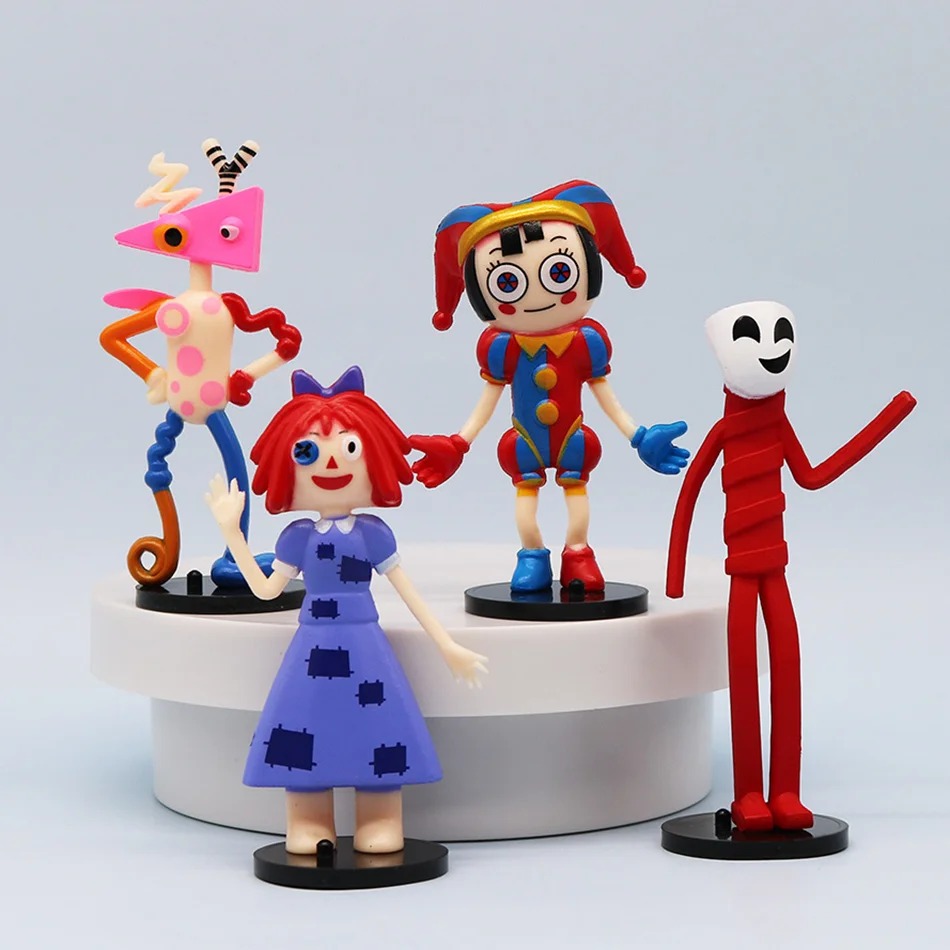 Pomni, Jax e outros personagens em miniatura sobre uma base preta