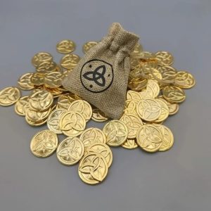 Moedas Mora douradas de Genshin Impact espalhadas junto de um saquinho de pano com o símbolo do jogo