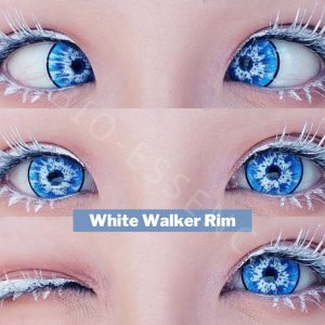 Lente de contato azul e branca do Satoru Gojo, de Jujutsu Kaisen, vista nos olhos