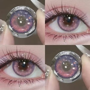 Lente rosa Tear Pink com brilho de galáxia, de perto e usada no olho, para cosplay